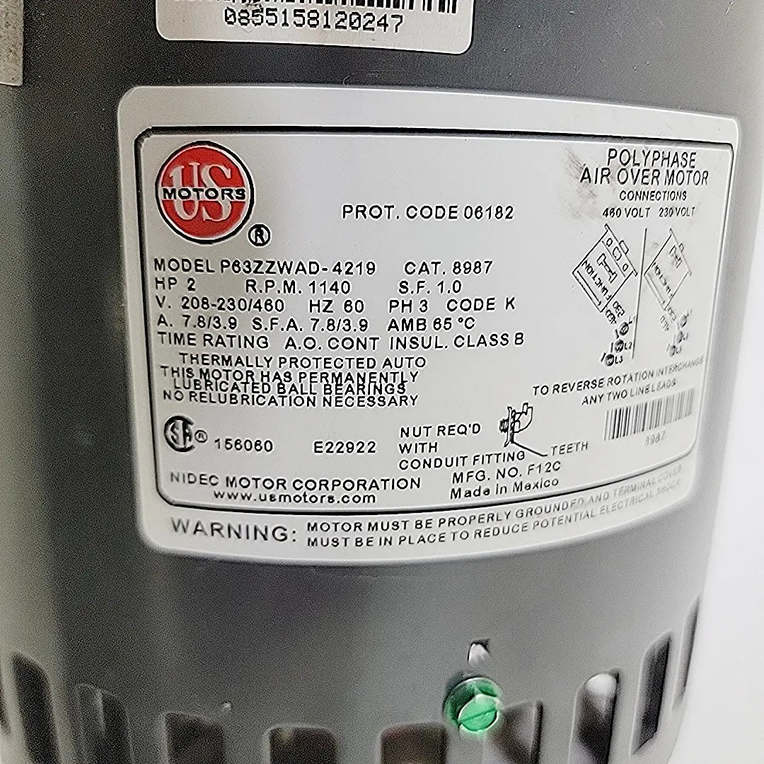 US Motors 8987 Electric 2 HP Motor 1140 RPM, P63ZZWAD-4219, 208-230/460 Volts