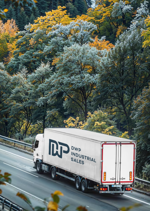 Truck with DWP Industrial Sales branding on a road surrounded by trees with autumn foliage.