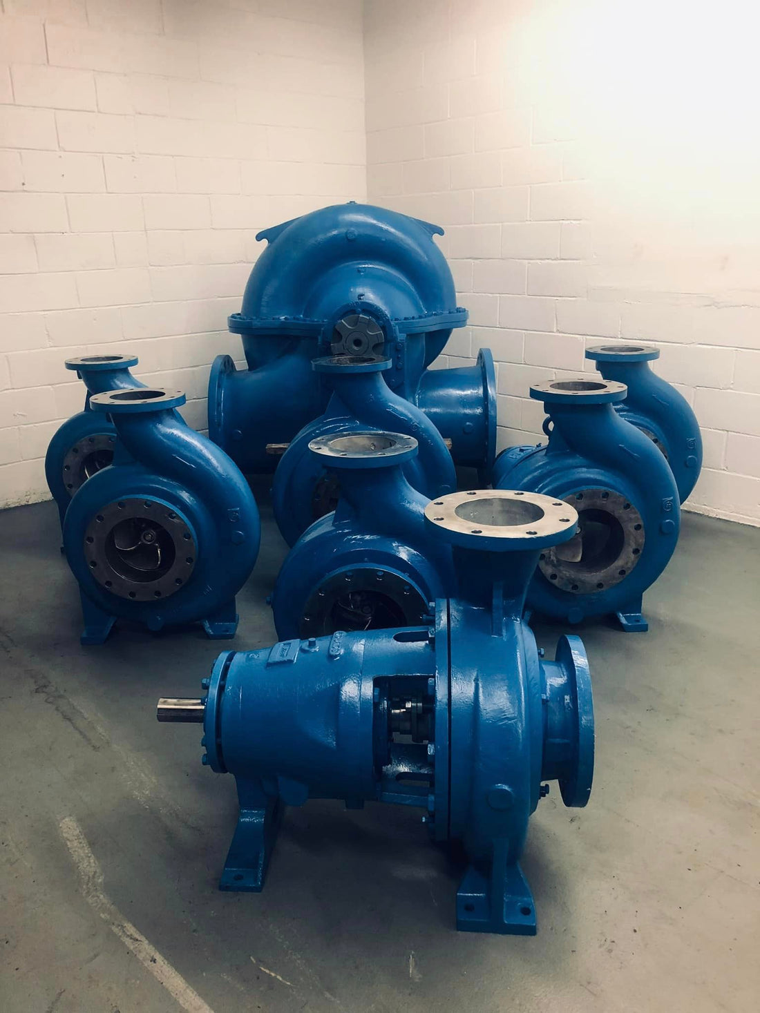 Group of Goulds industrial pumps staged in the DWP warehouse