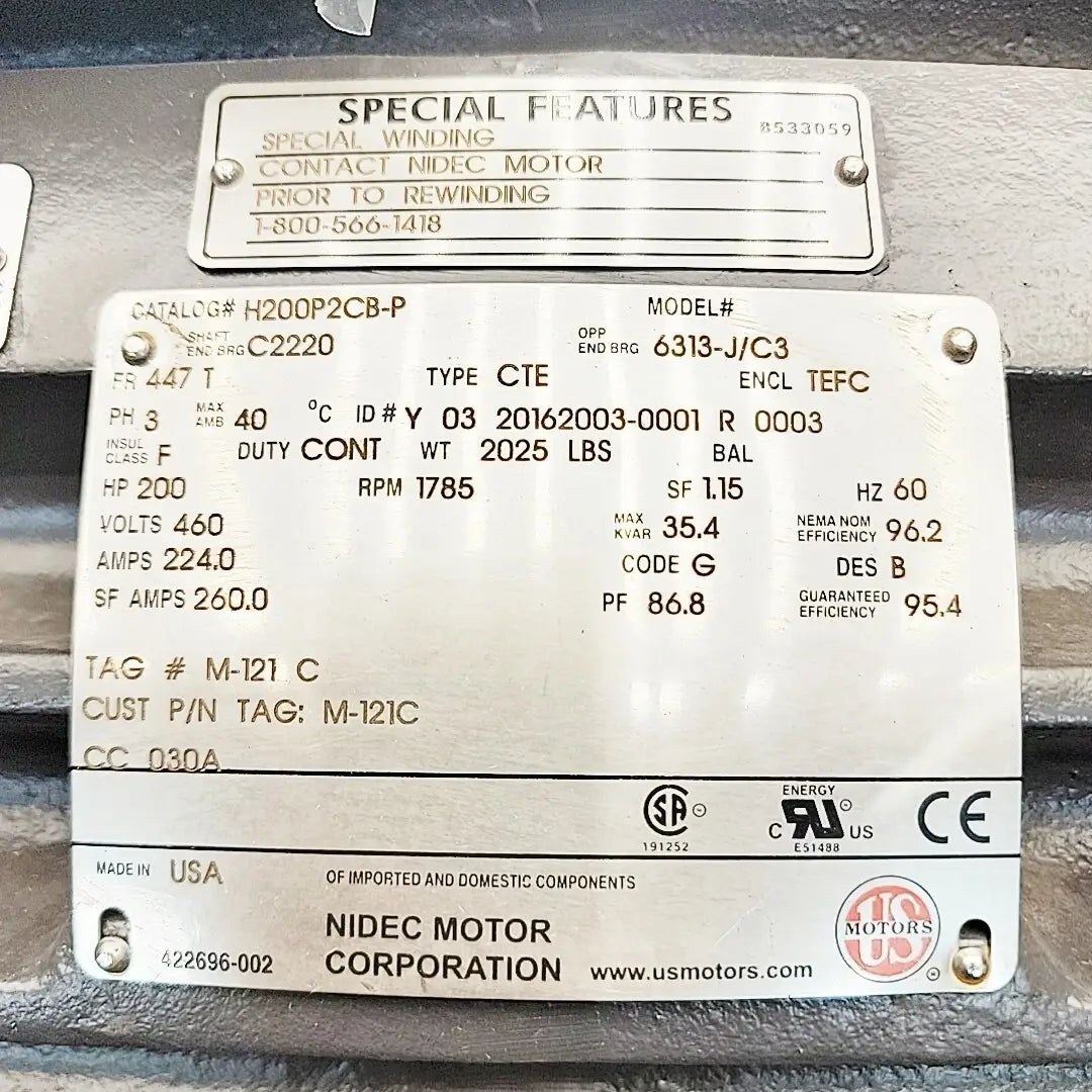 US Motors 6313-J/C3 200 HP Motor 1785 RPM 3PH TEFC