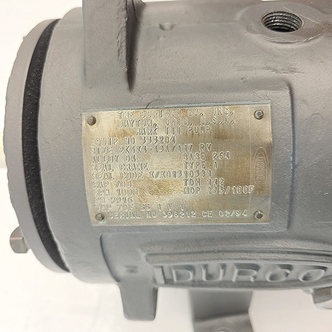 Durco Mark III 4x6-13 Pump Alloy D4 700 GPM 1800 RPM 275 PSI