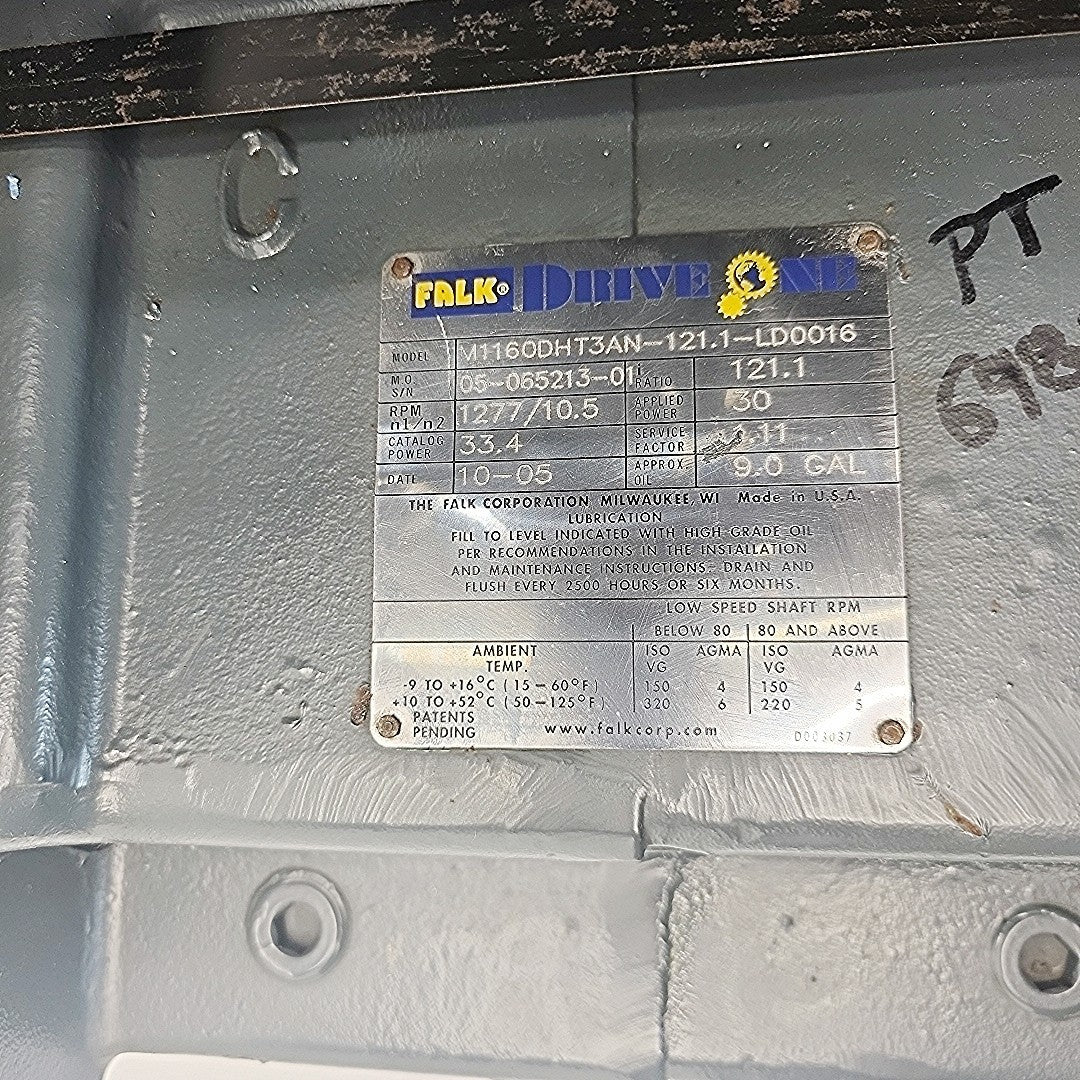 Falk Drive One M1160DH13AN-121.1 Gear Reducer 121:1 Ratio 1277/10.5 RPM 30 HP