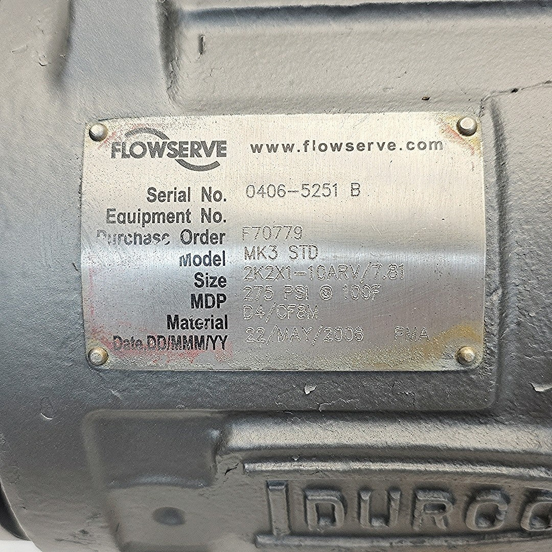 Flowserve Durco Mark 3 STD Pump 2K2X1-10ARV CF8M Stainless 275 PSI ANSI B73.1