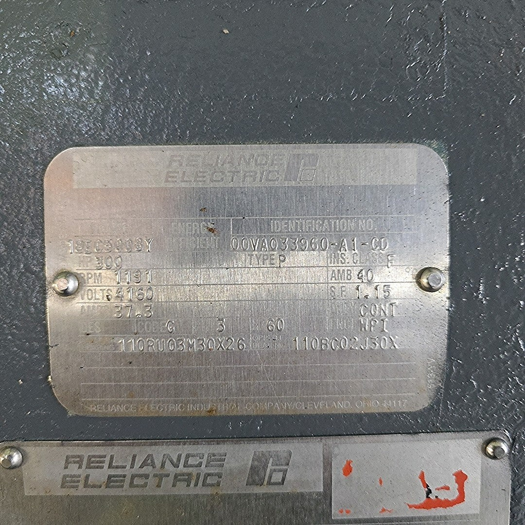 Reliance Electric 300 HP Type P Motor 00VAQ33960 4160V 1191 RPM 37.3A 3PH