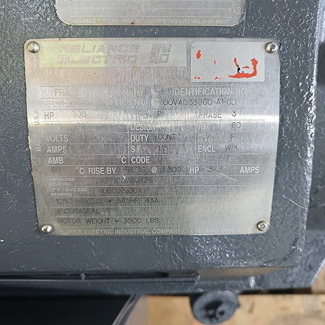 Reliance Electric 300 HP Type P Motor 00VAQ33960 4160V 1191 RPM 37.3A 3PH