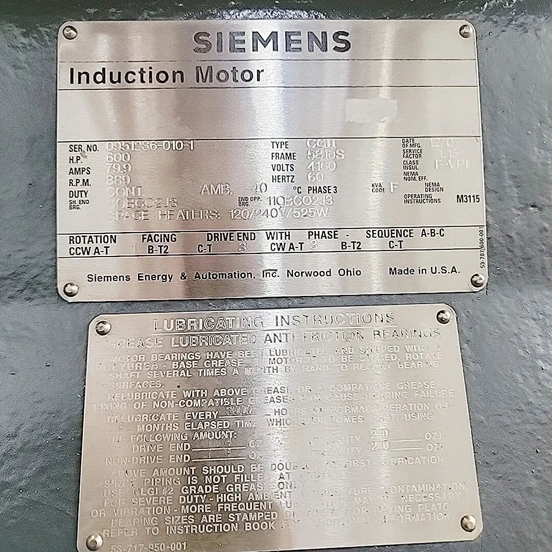 Siemens CGII 600 HP Induction Motor 4160V 889 RPM