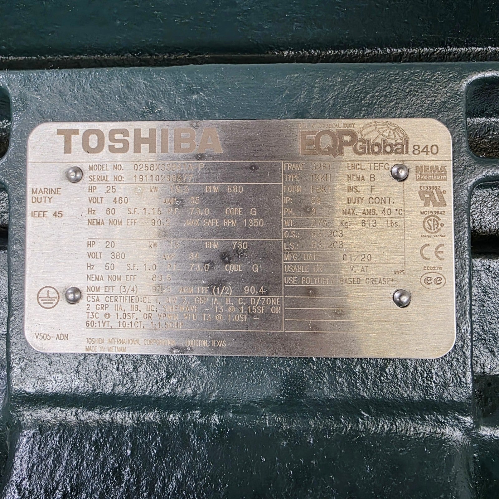 Toshiba 0258XSBE41A-P Electric Motor 25HP, 3PH, 460V, 880RPM, TEFC