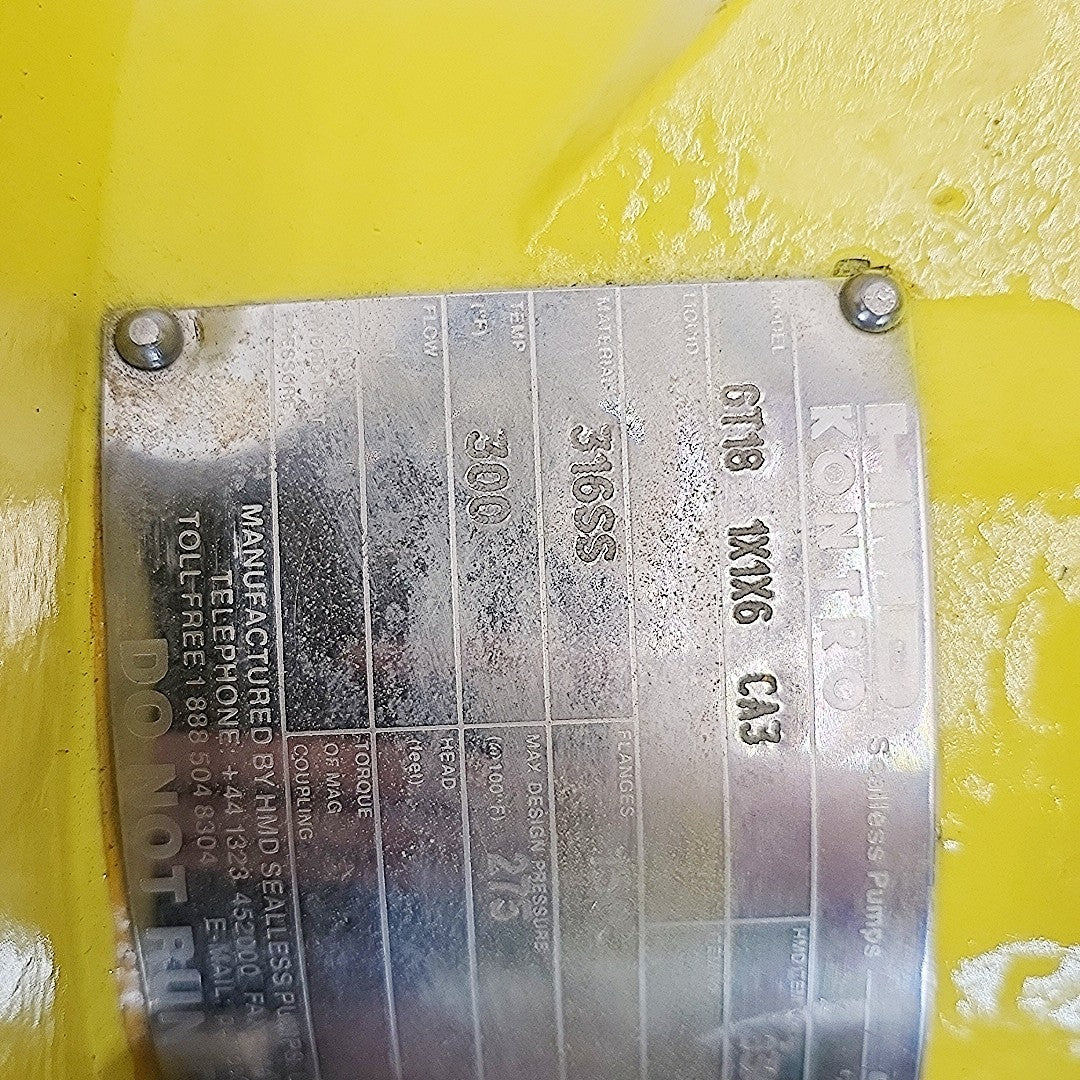 Sundyne HMD Kontro GT18 1x1-6 CA3 Magnetic Drive Centrifugal Pump 316SS