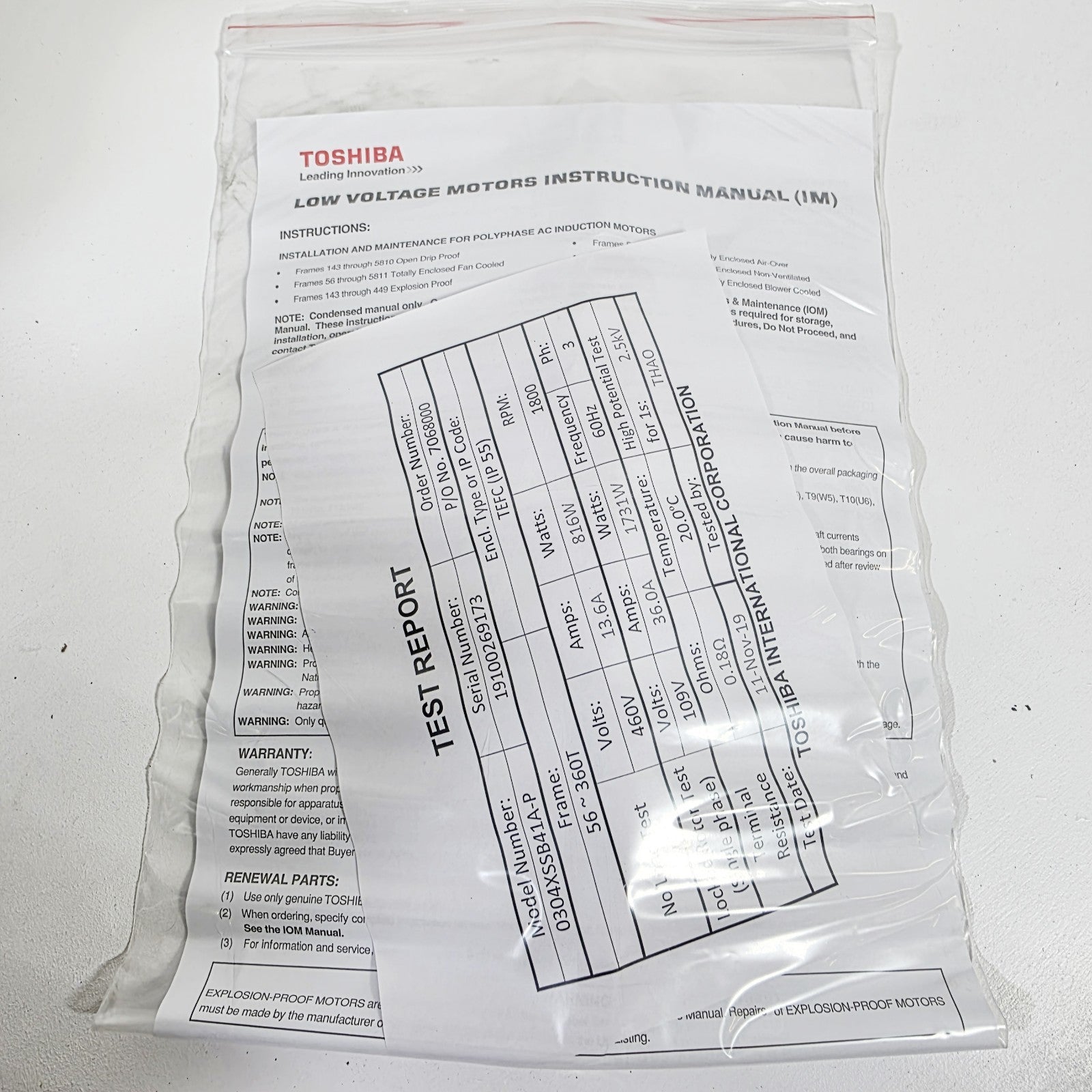 Toshiba 0304XSSB41A-P 30HP Motor 460V, 3PH, 1770RPM