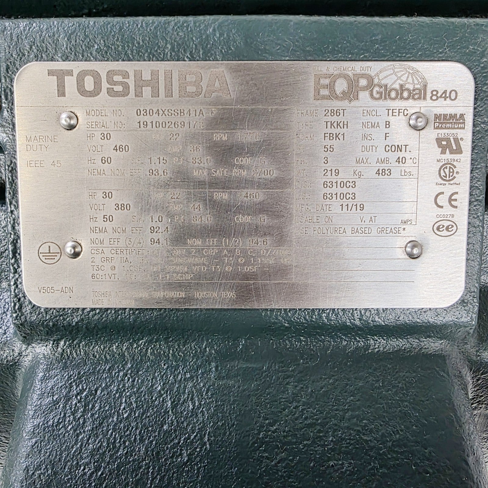 Toshiba 0304XSSB41A-P 30HP Motor 460V, 3PH, 1770RPM