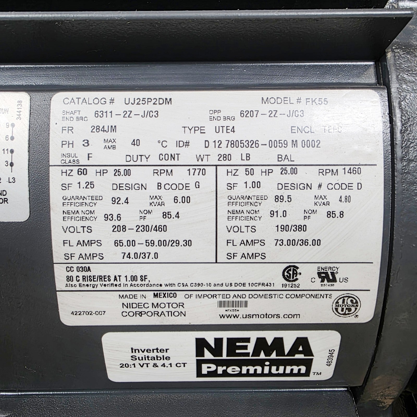 US Motors FK55 25HP Electric Motor 1770RPM, 3PH, TEFC