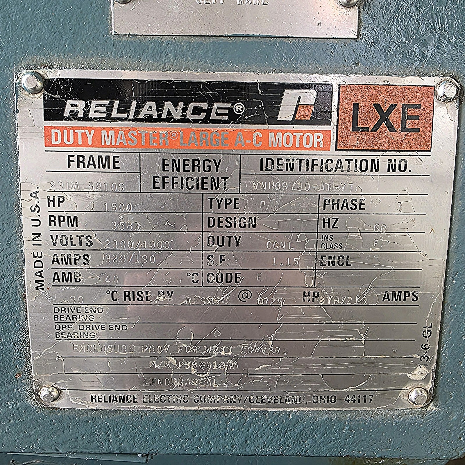 Reliance Electric Duty Master LXE AC Electric Motor 1500 HP, 3583 RPM