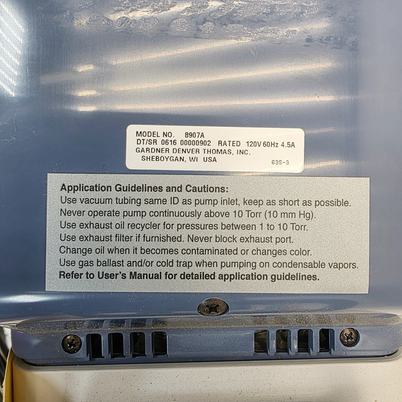 Gardner Denver Thomas 8907A Two-Stage Vacuum Pump 1725 RPM, 1/2 HP, 120 V, 60 Hz