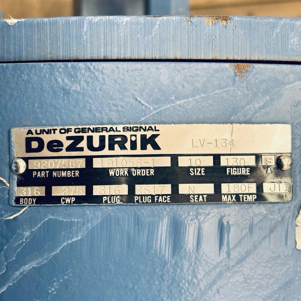 DeZURIK 9207567 10 in nameplate