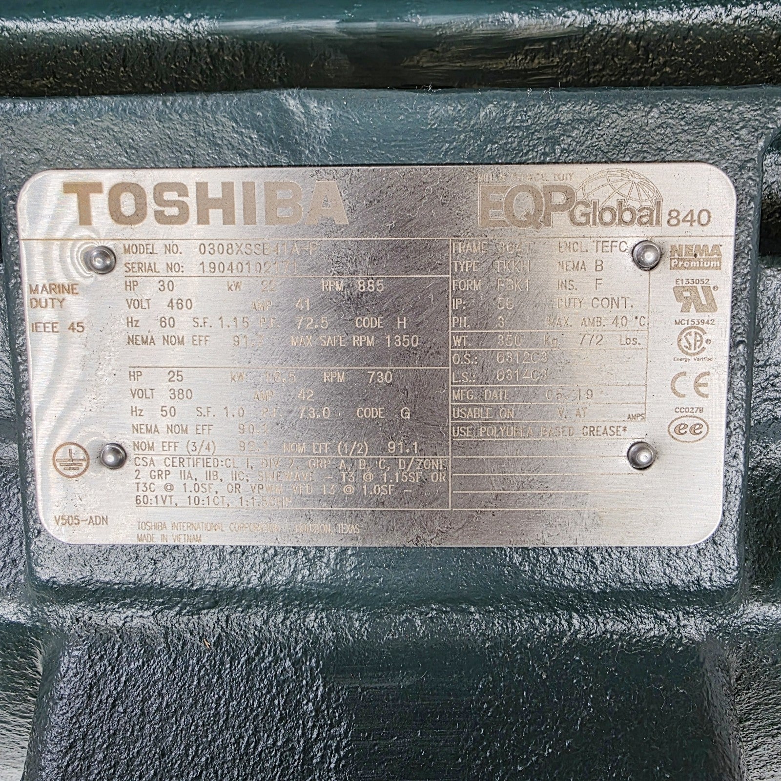 Toshiba 0308XSSE11A-P 30HP TEFC electric motor – paperwork / manual