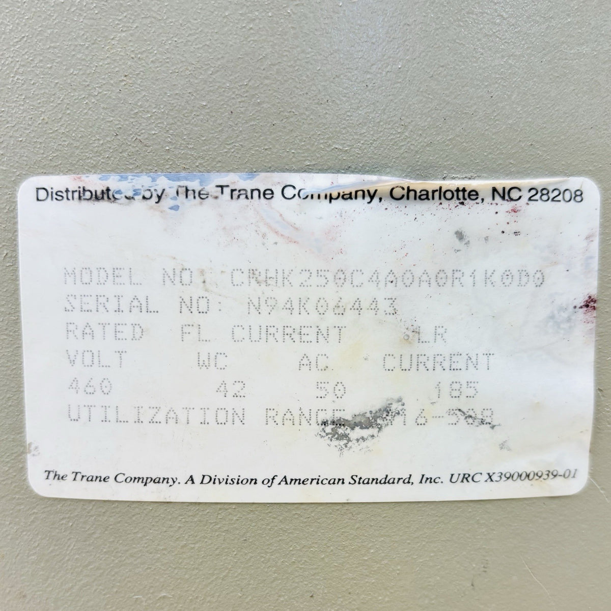 Trane CRHK250C4A0A0R1K0D0 nameplate