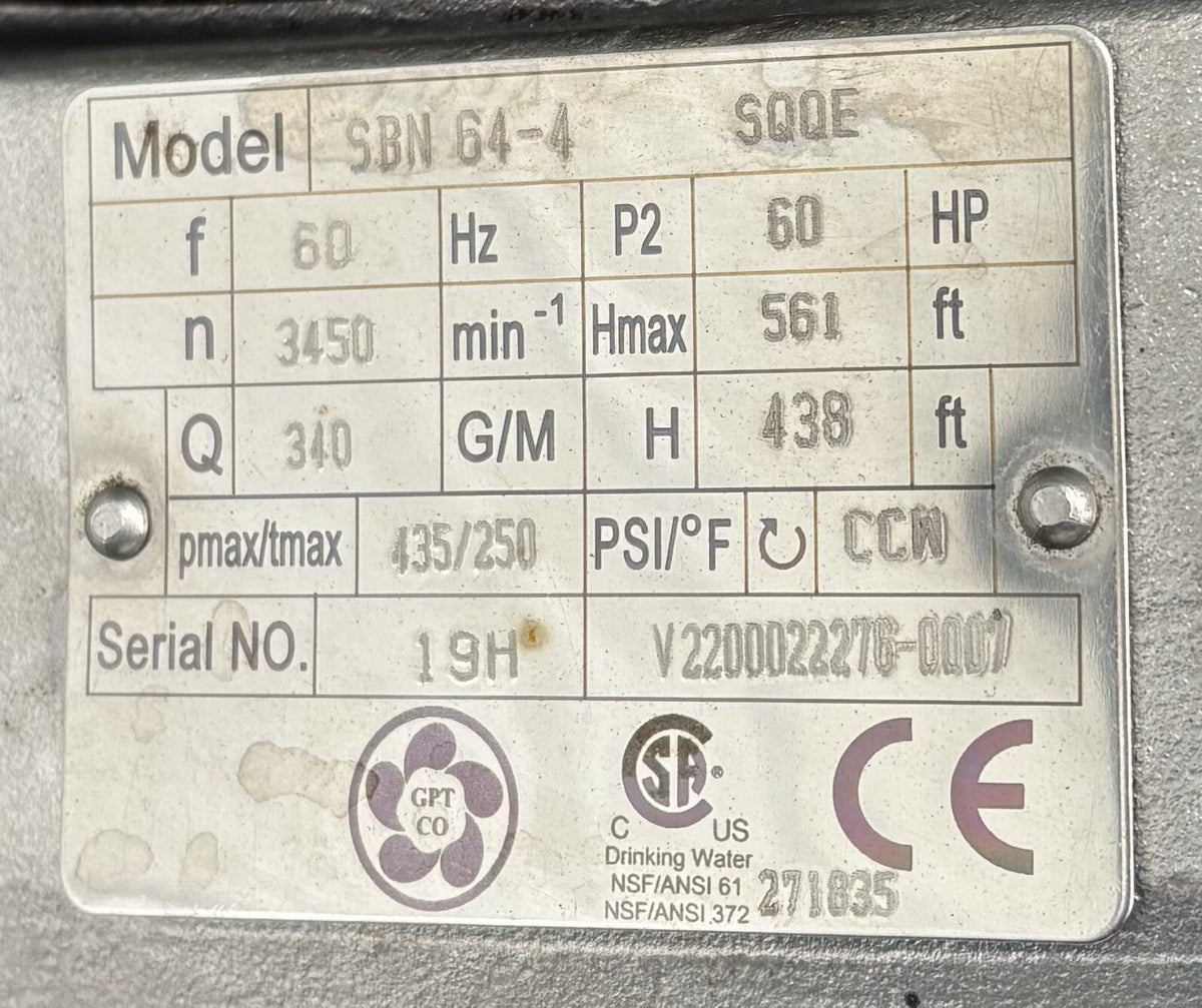 Grundfos SBN 64-4 SQQE nameplate