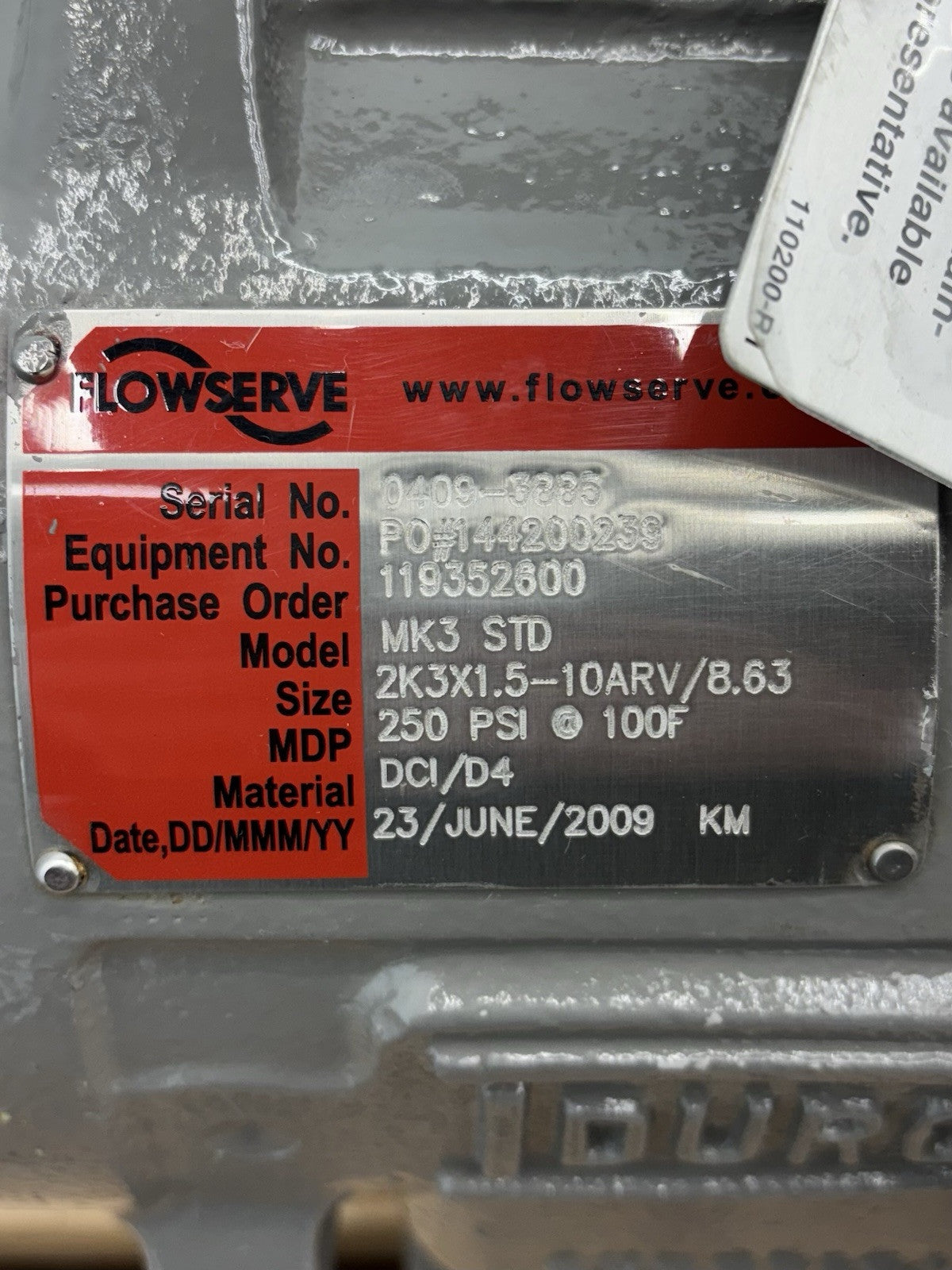 Durco MK3 STD Centrifugal Pump equipment nameplate