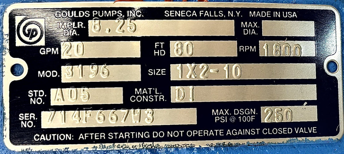 Goulds 3196 MTX 1x2-10 nameplate