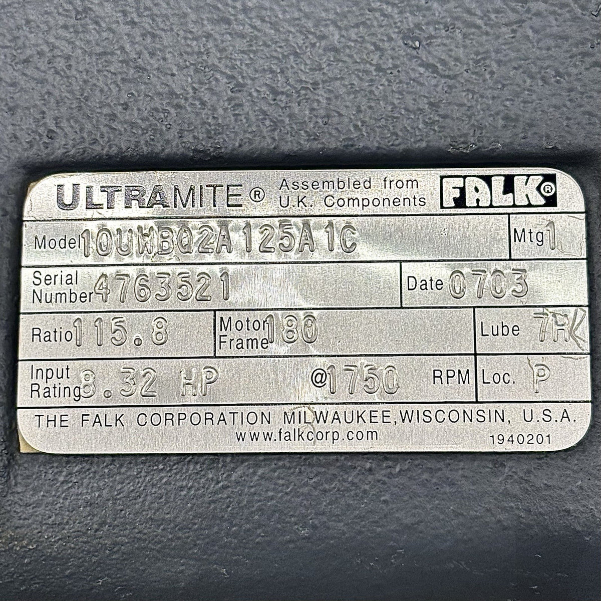 Falk 10UWBQ2A125A1C Gear Reducer equipment nameplate