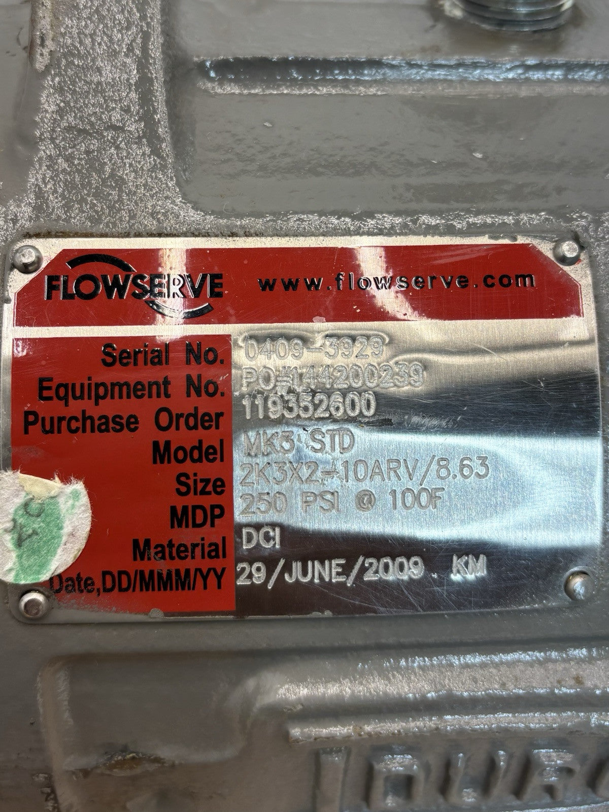 Durco MK3 STD Centrifugal Pump equipment nameplate