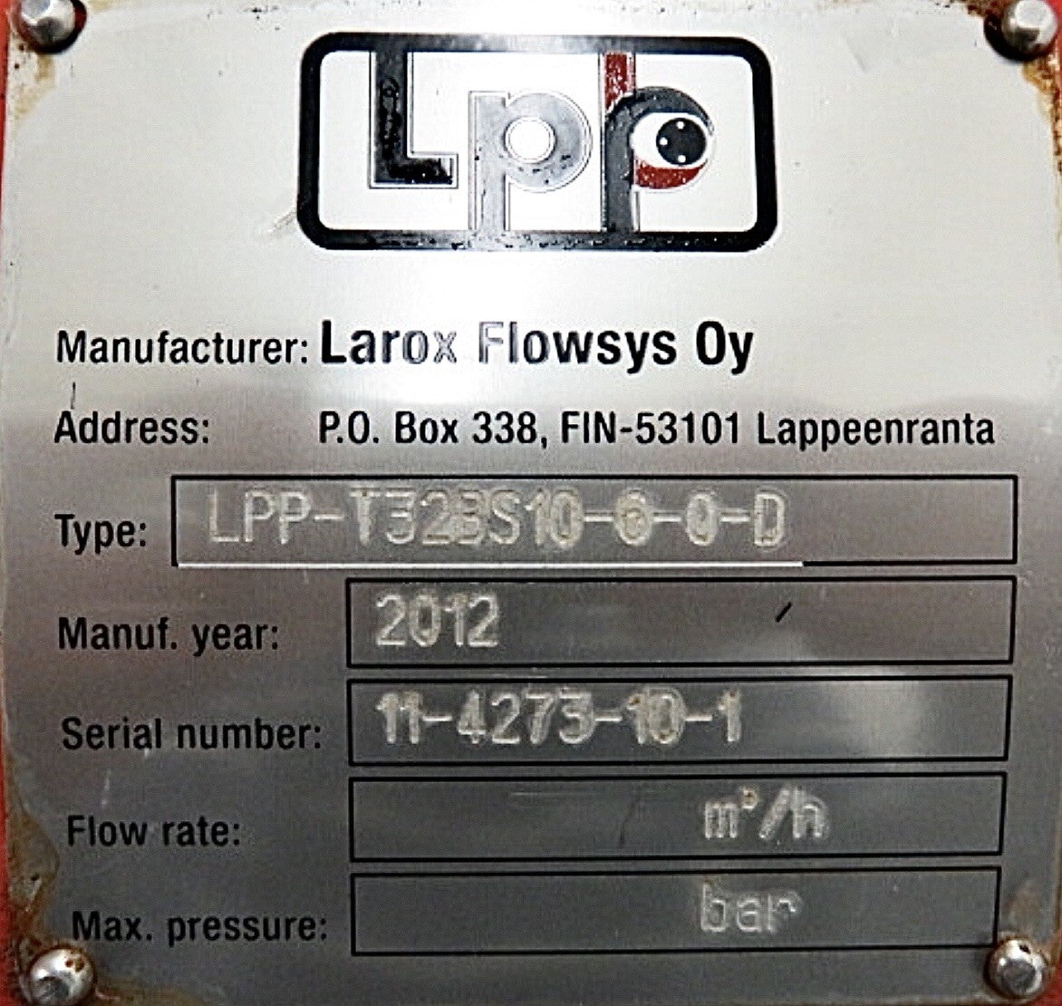 Flowrox LPP-T32BS10-6-0-D nameplate