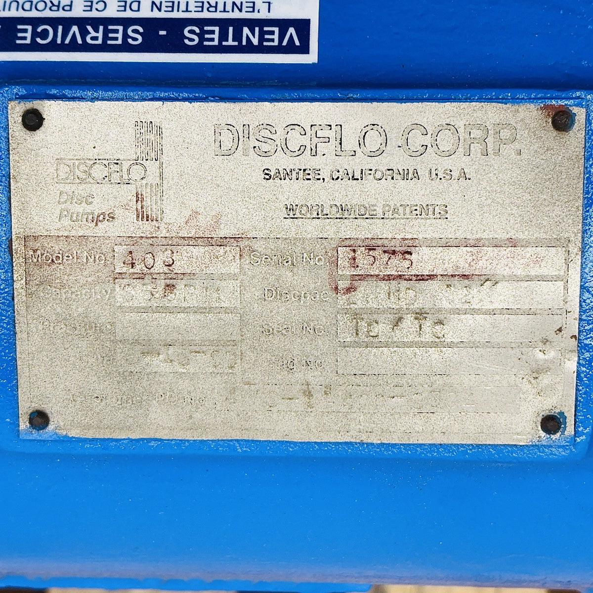 Discflo 403 4 in x 3 in nameplate