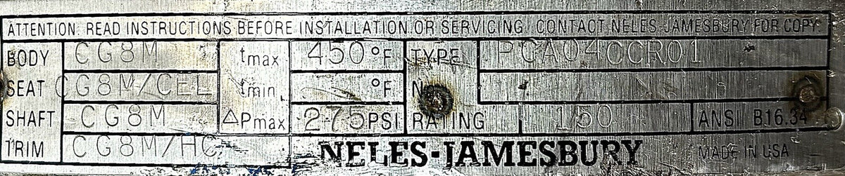 Neles Jamesbury PCA04CCR01 Flanged Ball Valve equipment nameplate