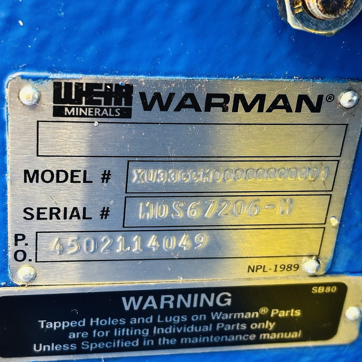 Warman XU33CCM00000000001 3x3 nameplate