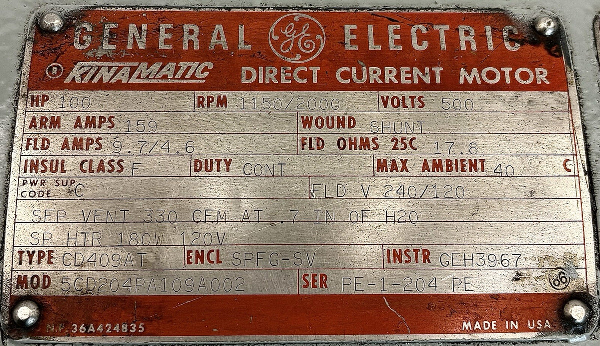 General Electric 5CD204PA109A002 nameplate