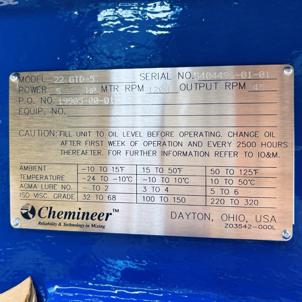 Chemineer 22 GTD-5 nameplate