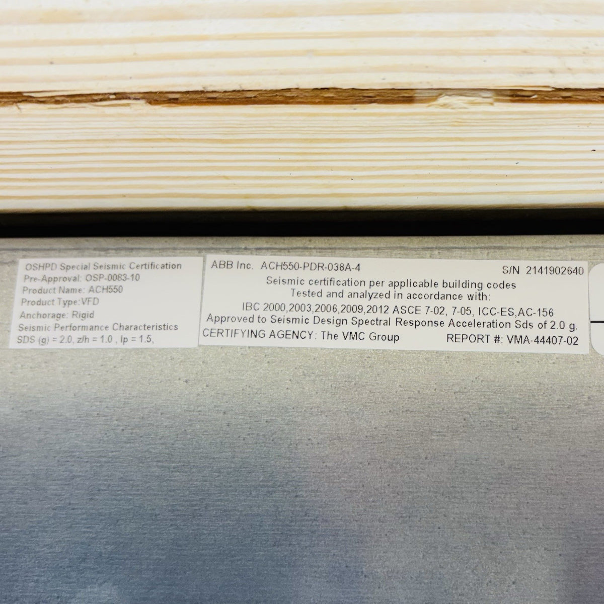 ABB ACH550-PDR-038A-4 AC Drive equipment nameplate