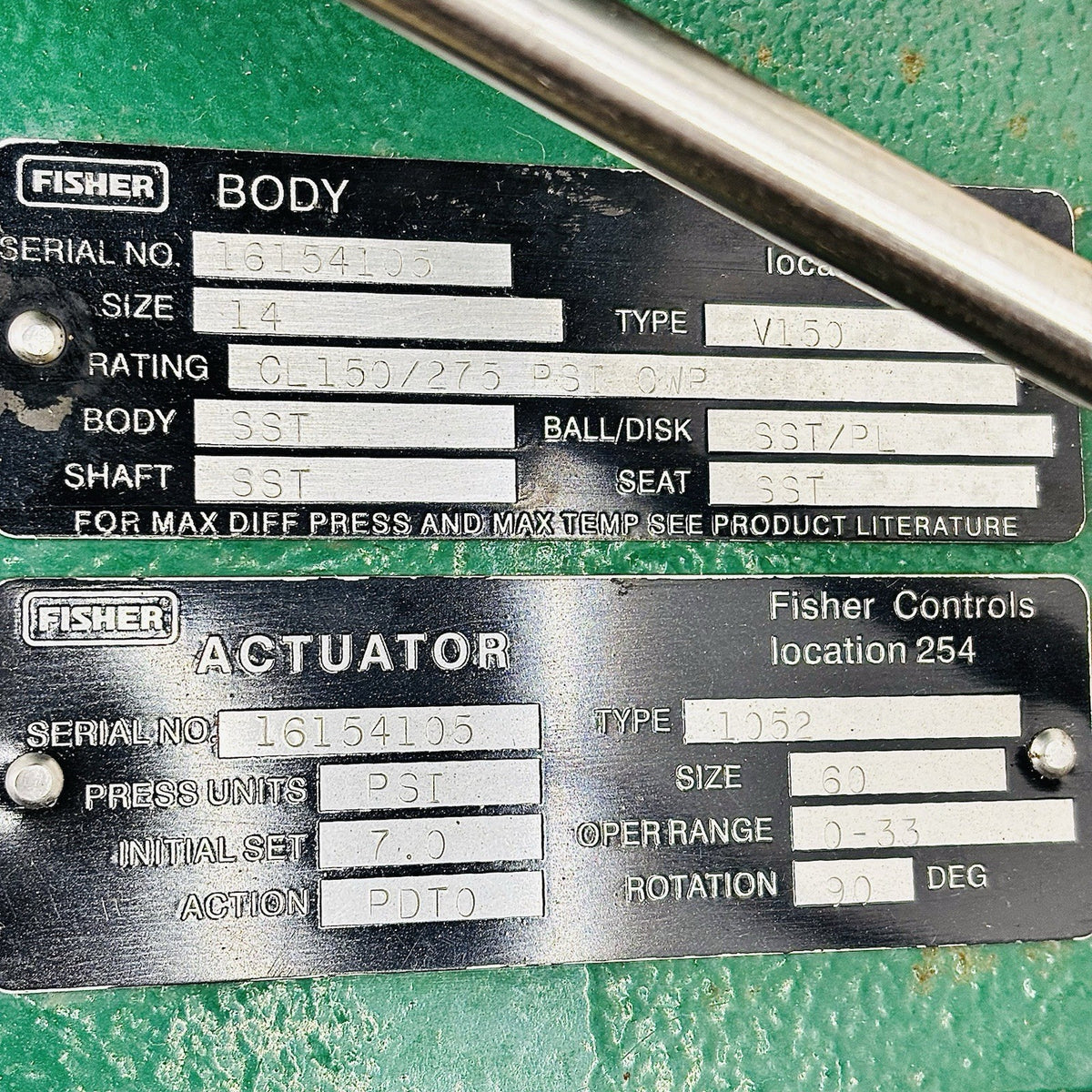 Fisher V150 nameplate