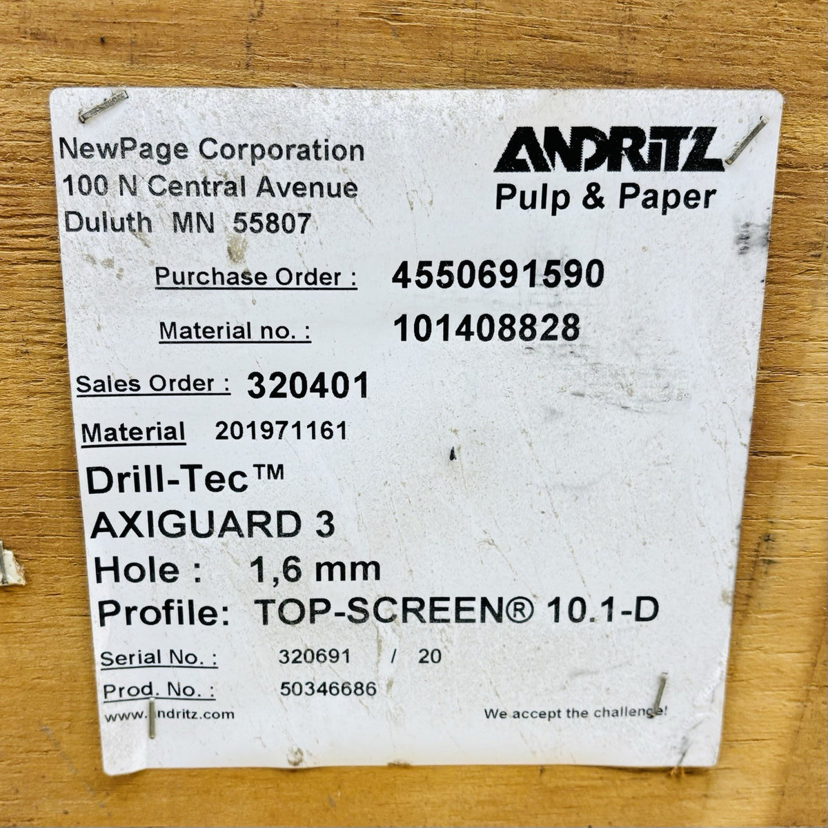 Andritz 50346686 1.6mm (0.062 in) hole nameplate