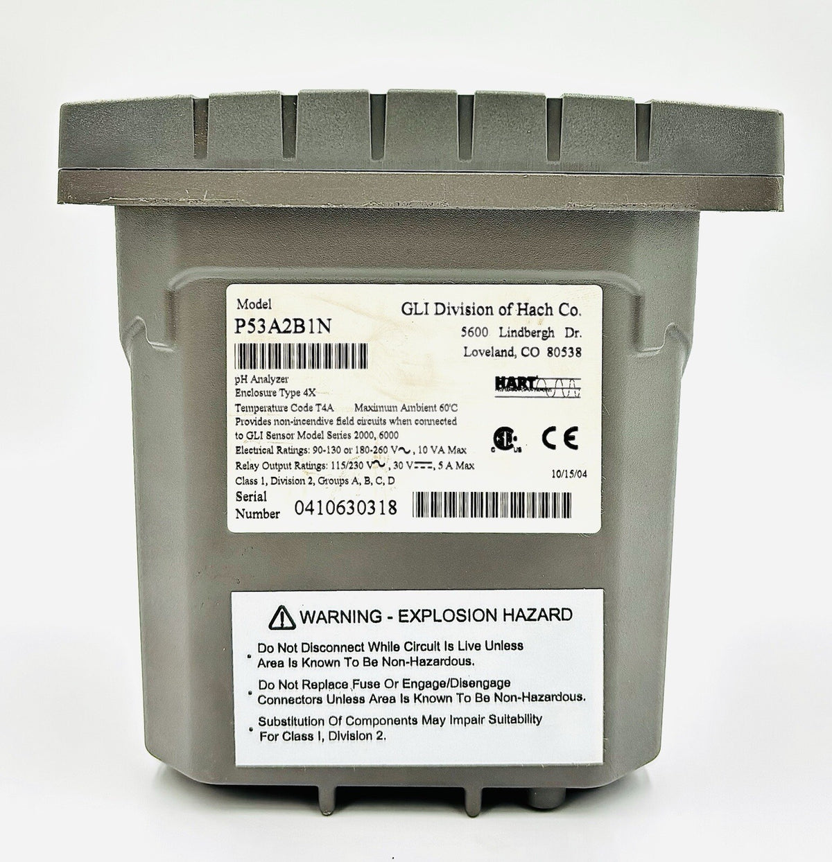 GLI P53A2B1N pH Analyzer equipment nameplate