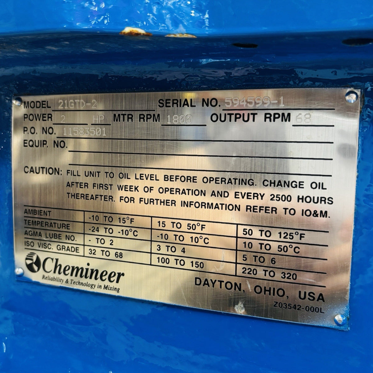 Chemineer 21GTD-2 nameplate