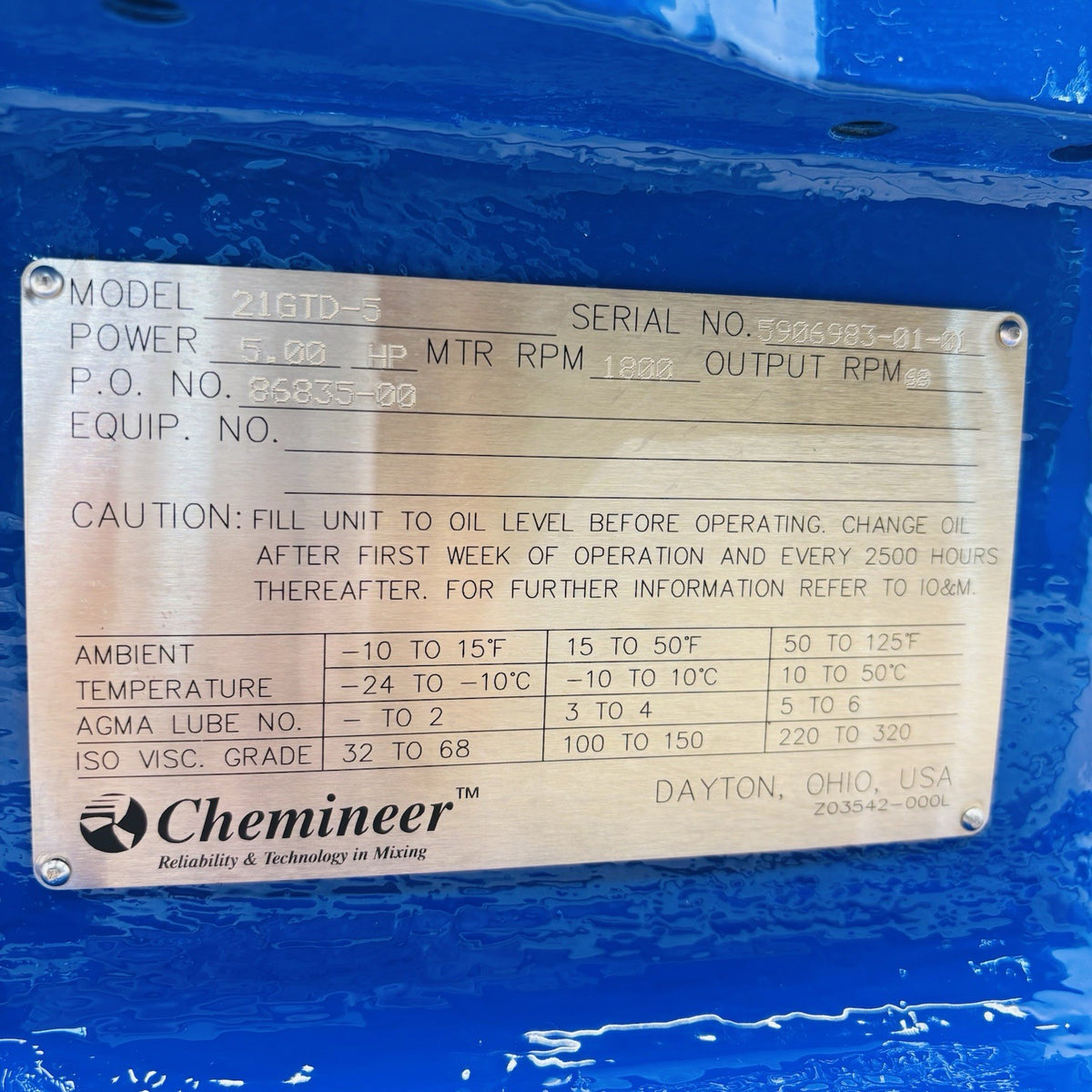 Chemineer 21GTD-5 nameplate