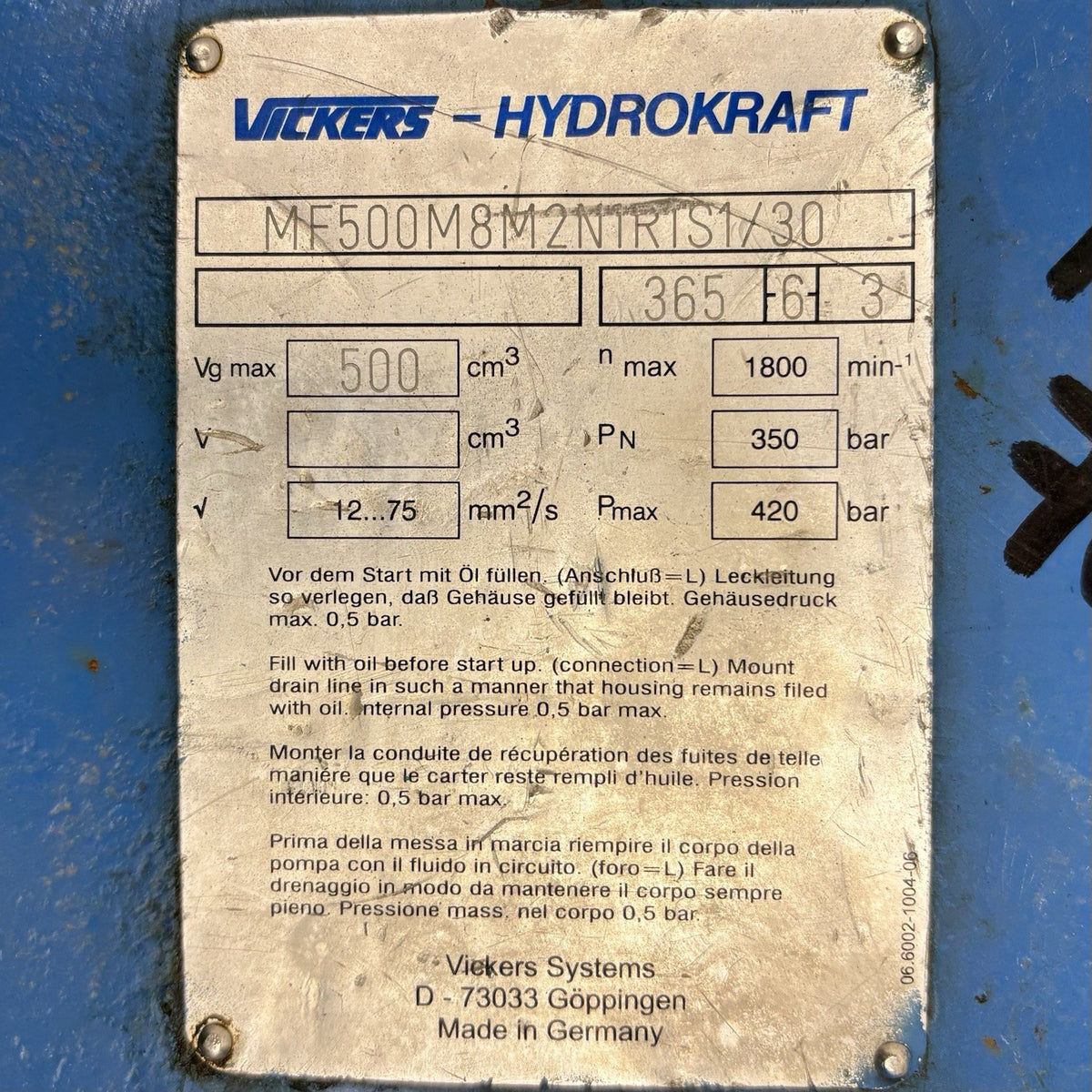 Vickers MF500M8M2N1R1S1/30 nameplate