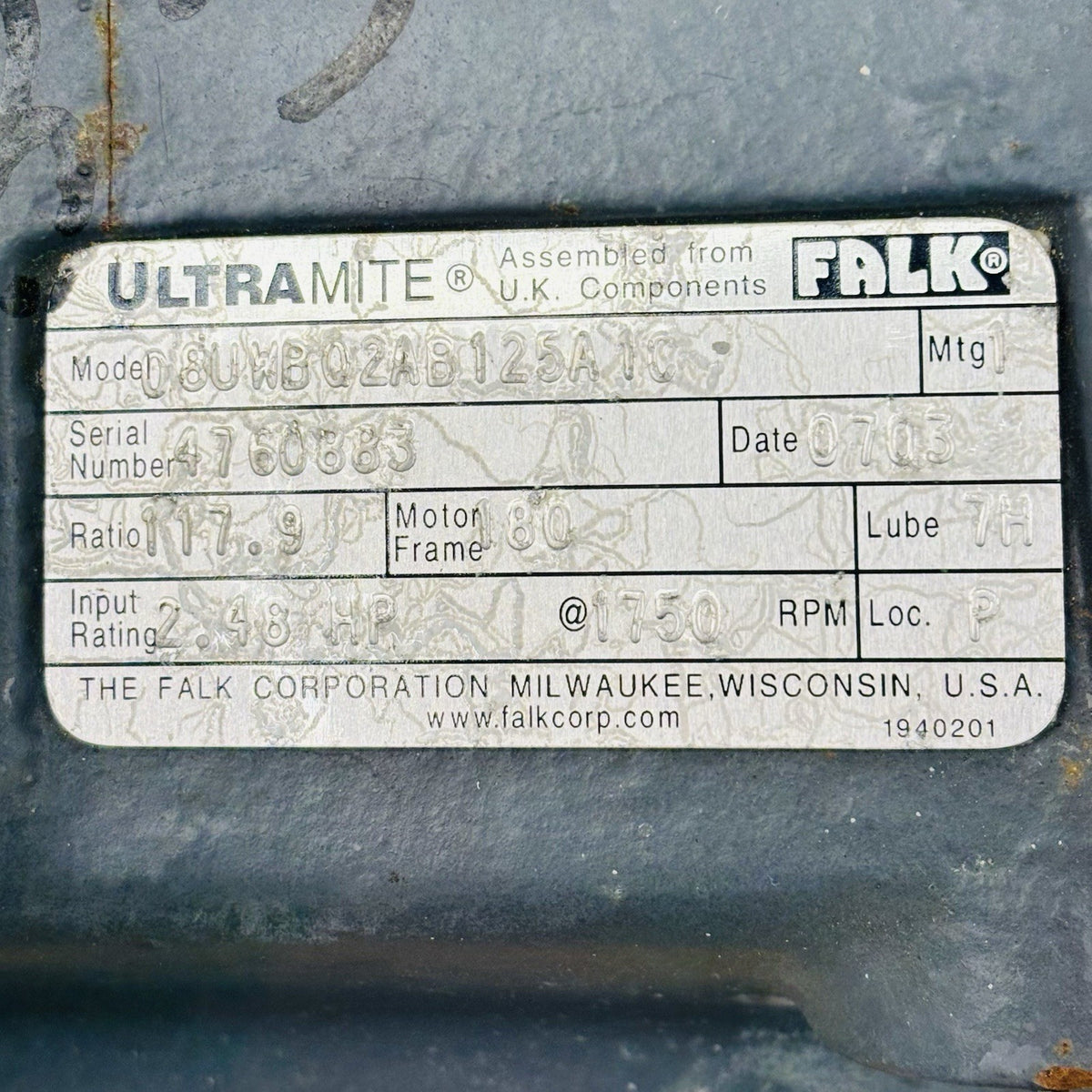 Falk 08UWBQ2AB125A1C Gear Reducer equipment nameplate