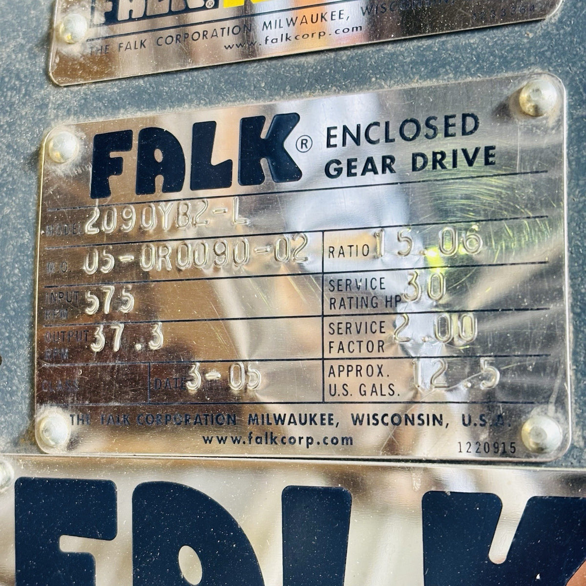 Falk 2090YB2-L Gear Drive equipment nameplate