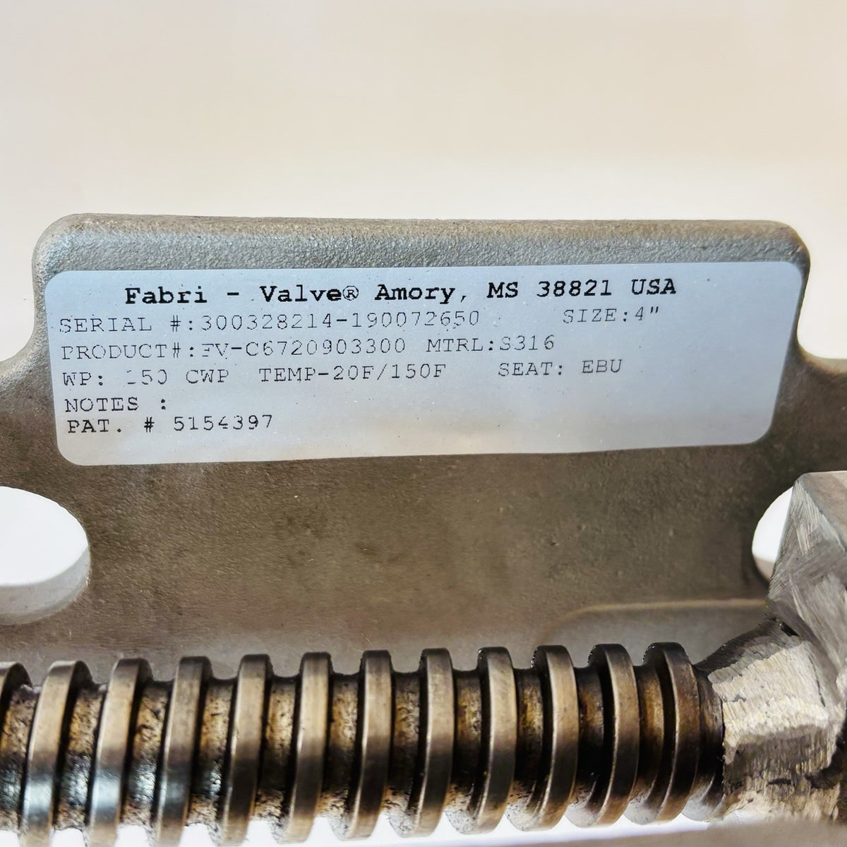 Fabri-Valve FV-C6720903300 Knife Gate Valve equipment nameplate