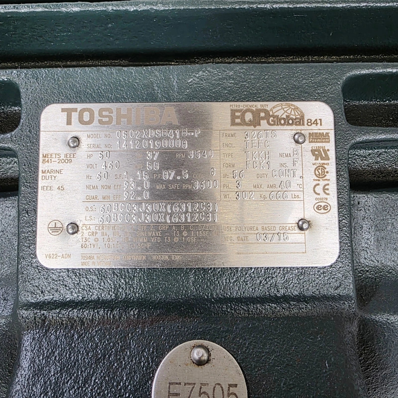 Toshiba 0502XDSB41B-P  Electric Motor 50HP, 460V, 3540RPM, TEFC