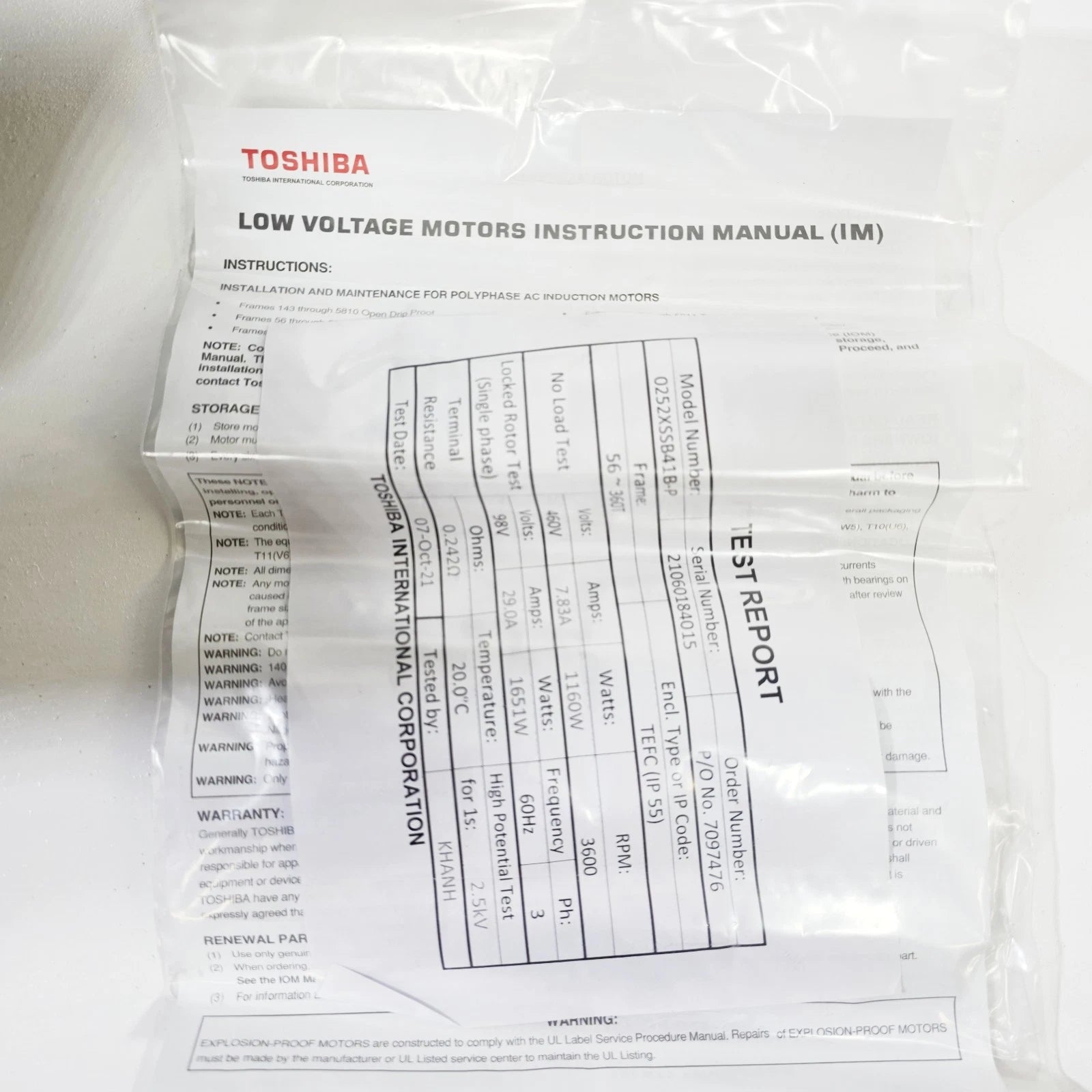 Toshiba 0252XSSB41R-P Electric Motor 25HP, TEFC, 460V, 3PH, 3520RPM