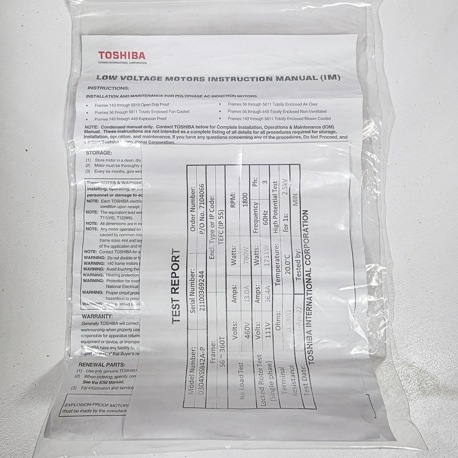 Toshiba 0304XSSB42A-P Electrical Motor 30HP,  TEFC, 460V, 3PH