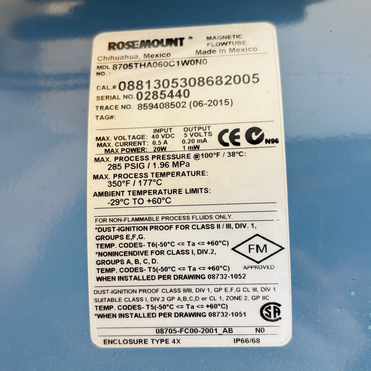 Rosemount 8705THA060C1W0N0 6 in nameplate