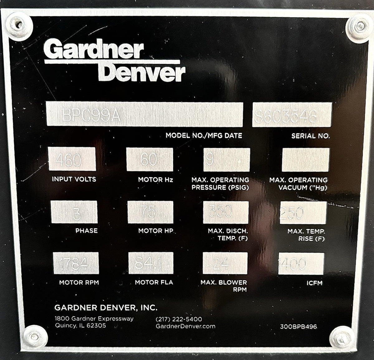 Gardner Denver BPC99A nameplate