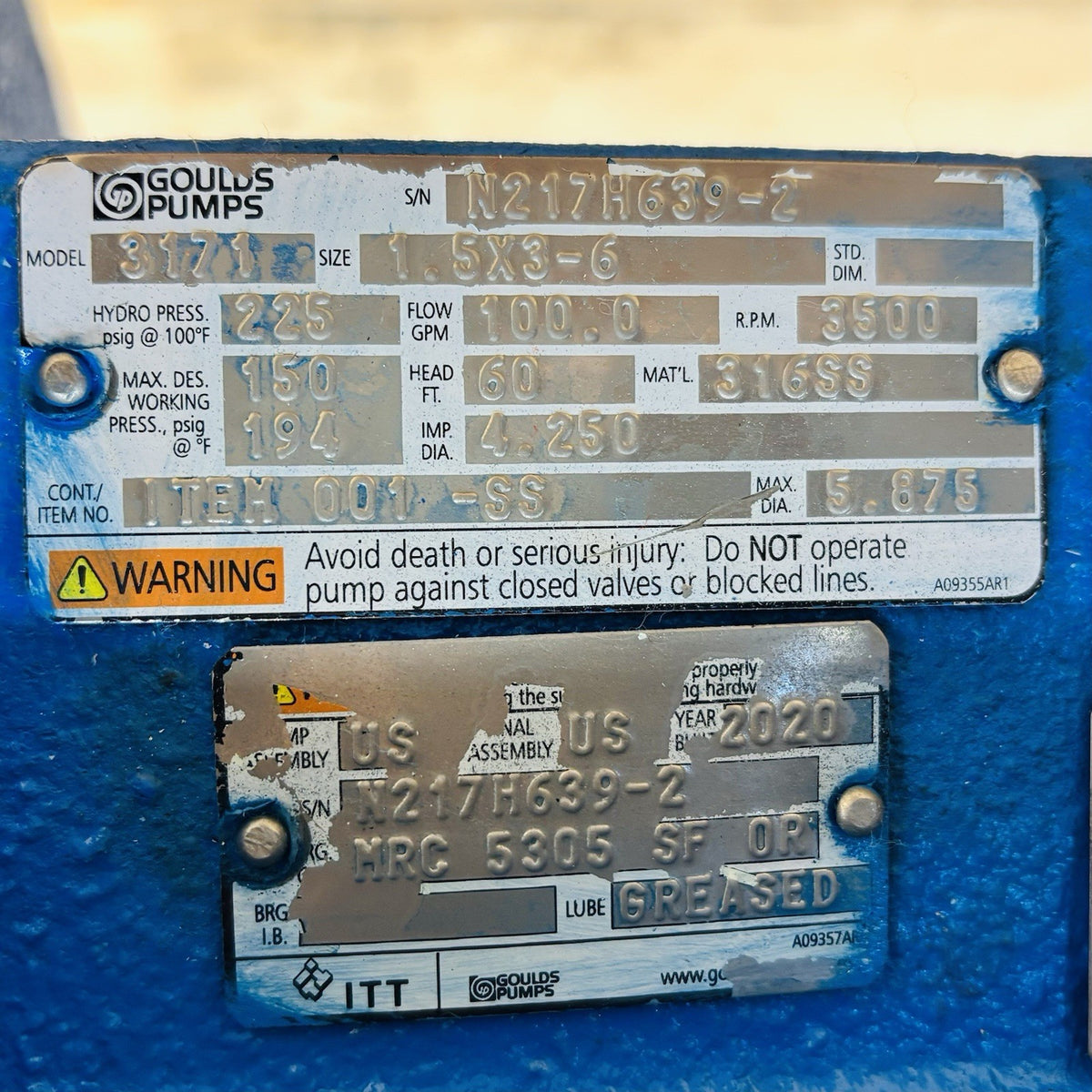 Goulds 3171 Sump Pump equipment nameplate