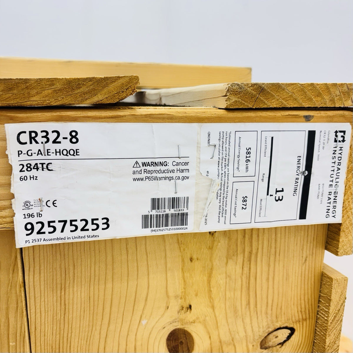 Grundfos CR32-8 P-G-A-E-HQQE-XX2 data tag