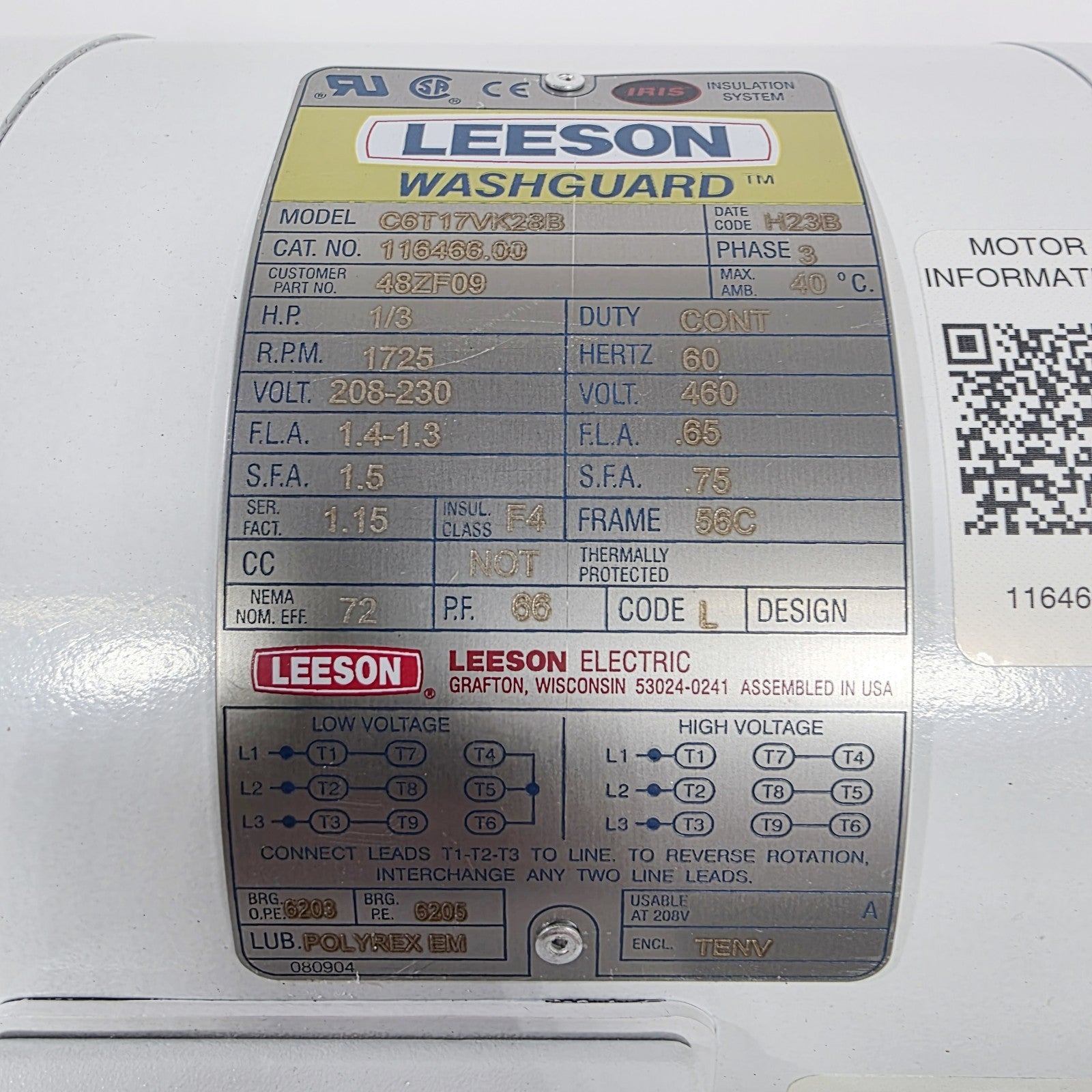 Leeson C6T17VK2FB motor shaft and mounting foot