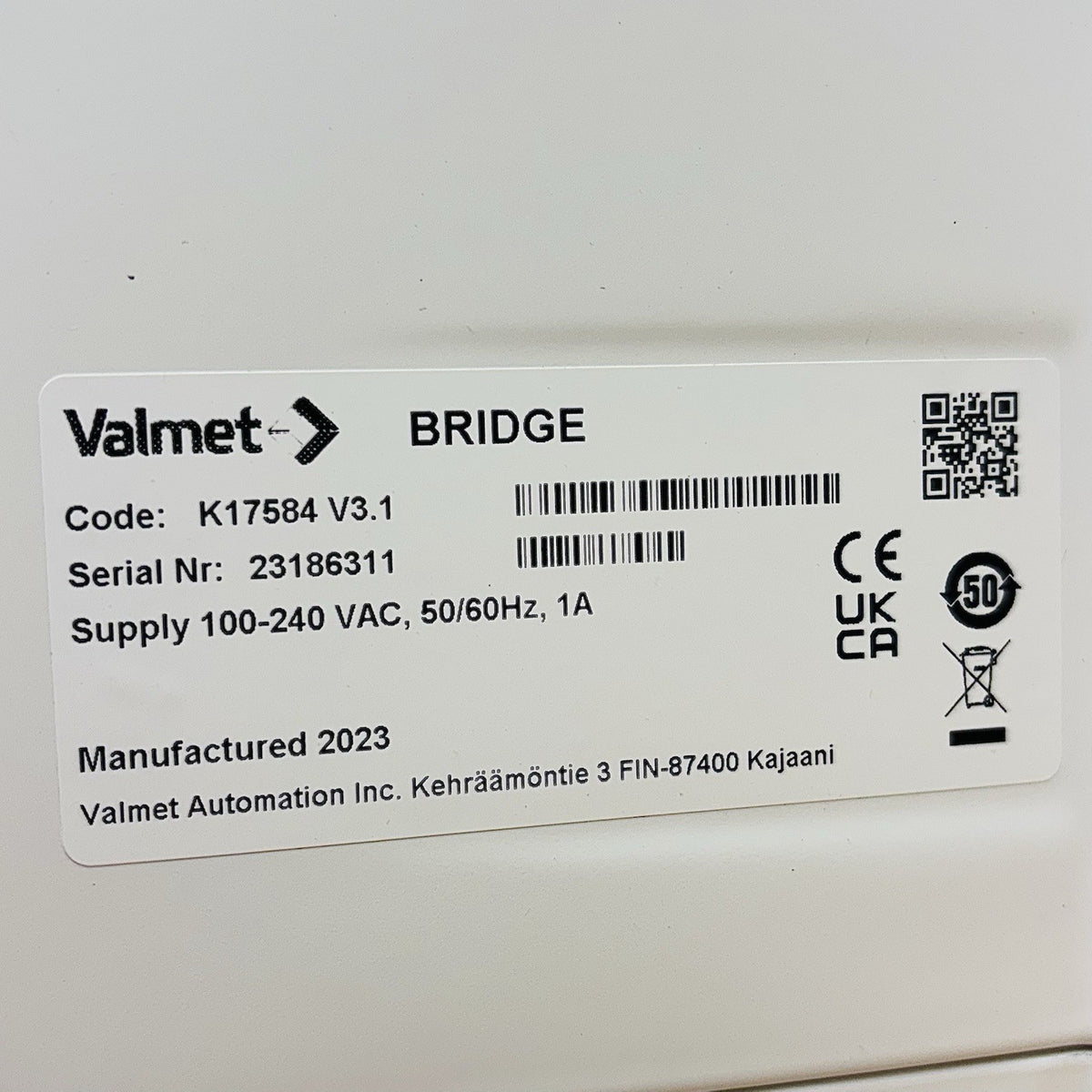 Valmet K17584 V3.1 nameplate